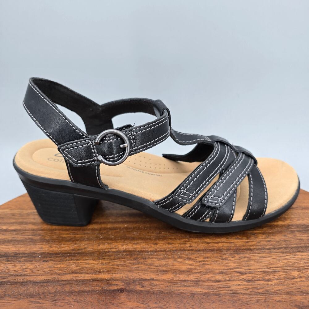 Clarks Sandals Womens 7.5 M Black Leather Emily2 Rose Block Heel Ankle Strappy